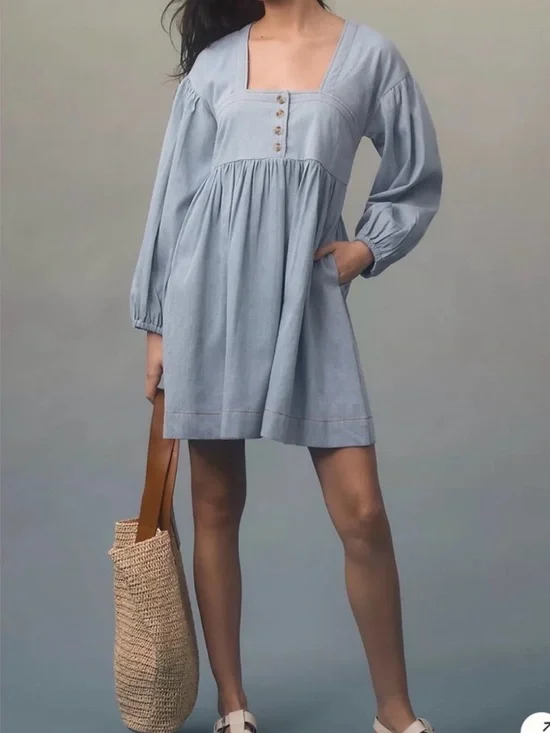 By Anthropologie Long-Sleeve Square-Neck Denim Babydoll Mini Dress size M - Picture 2 of 8